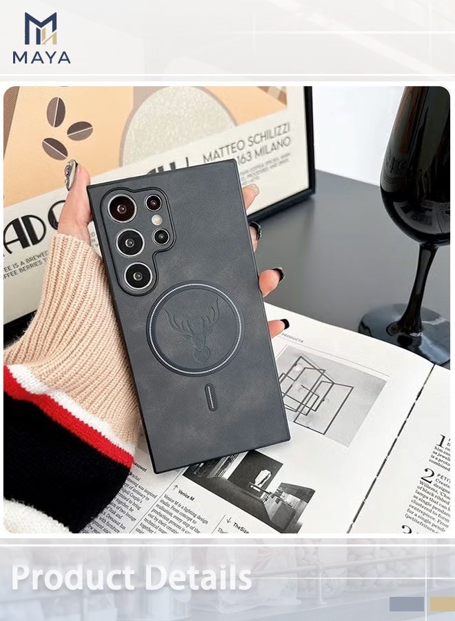 مايا جراب من جلد الخروف بنقشة جلد الأيل لهاتف سامسونج S24 ألترا، مقاوم للصدمات، مزود بمغناطيس، متوافق مع الشحن اللاسلكي ماج سيف، جراب هاتف من الجلد الصناعي الناعم، [متوافق مع ماج سيف] غطاء حماية ممتاز (رمادي) - Image 3